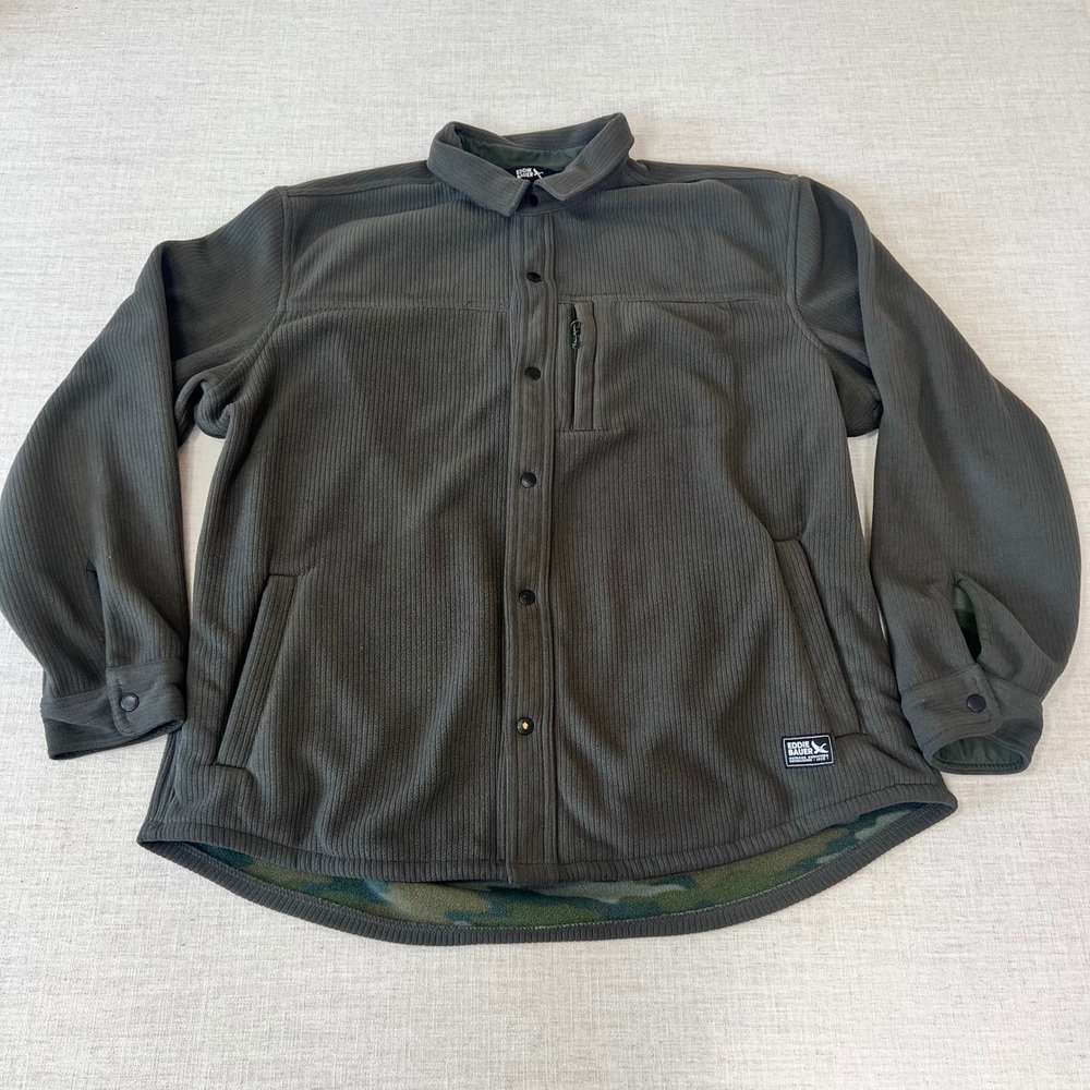 Eddie Bauer Men's XL Fleece Lined Shirt Jacket Camo Green Snap Front